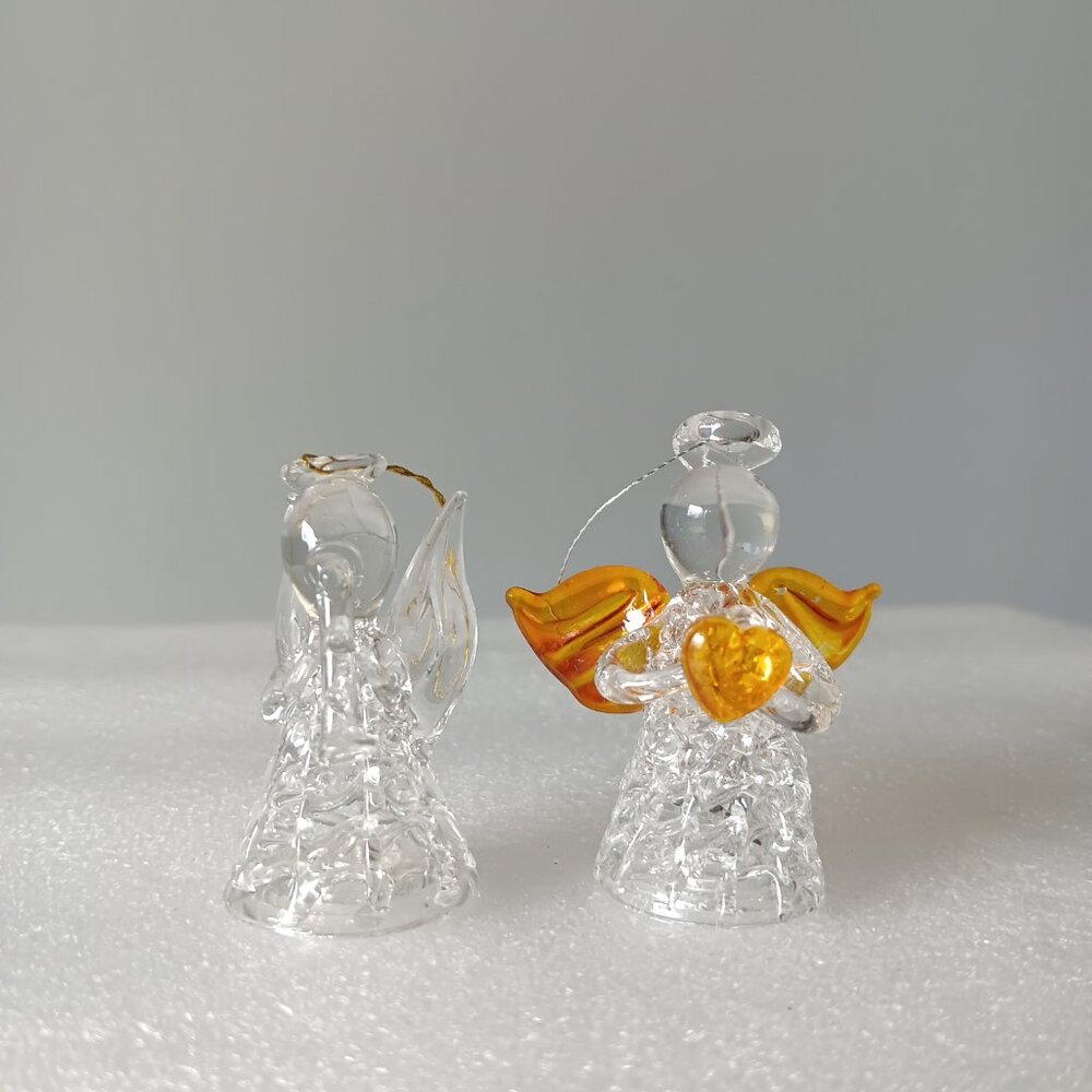 Christmas Angel Ornaments Glass Set of 2 Gold Heart Wings 2" Figurines Decor